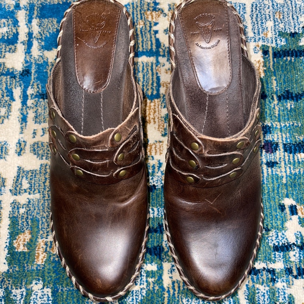 Frye Brown Leather Mules with Brass Accents